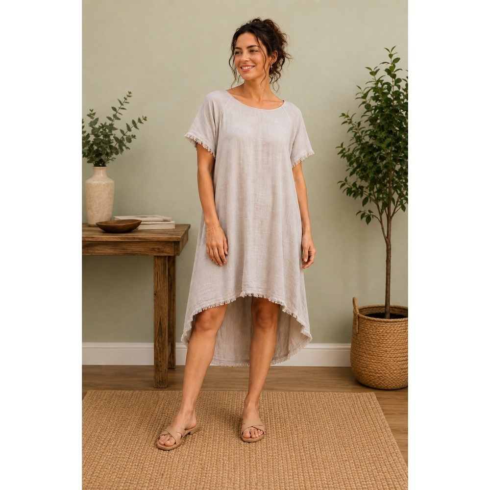 Vasna Italian Linen Blend Dress Women PS Beige Pockets Oversized Lagenlook
